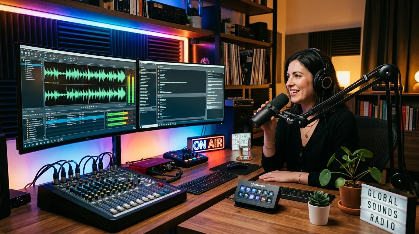 Home internet radio studio setup with microphone, laptop, headphones, and broadcasting software used for live audio streaming.