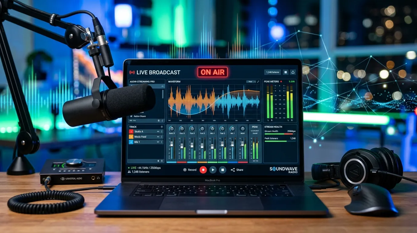 Computer screen displaying live audio streaming software, playlists, waveform monitoring, and internet radio broadcasting controls.
