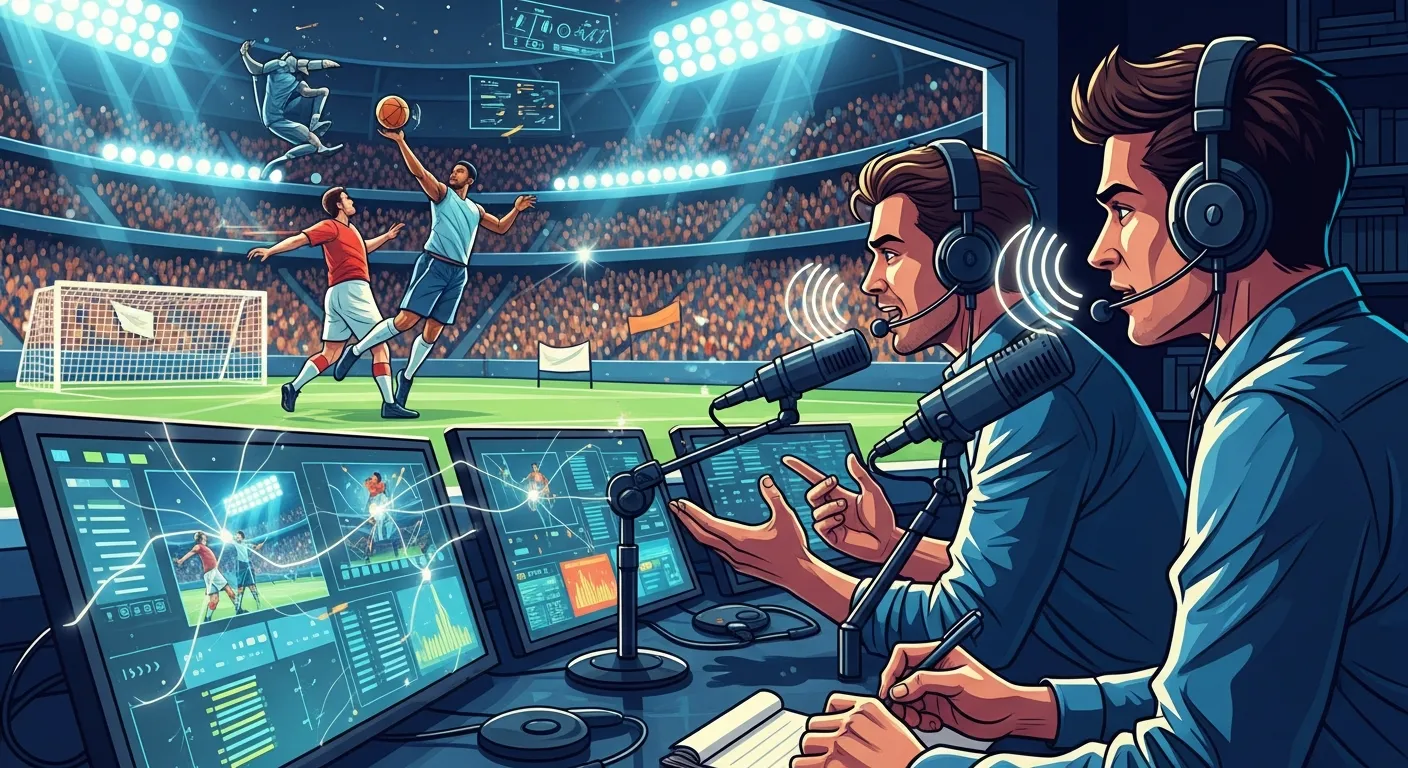 Sports commentator speaking into a microphone in a studio with digital screens showing live match updates and analytics