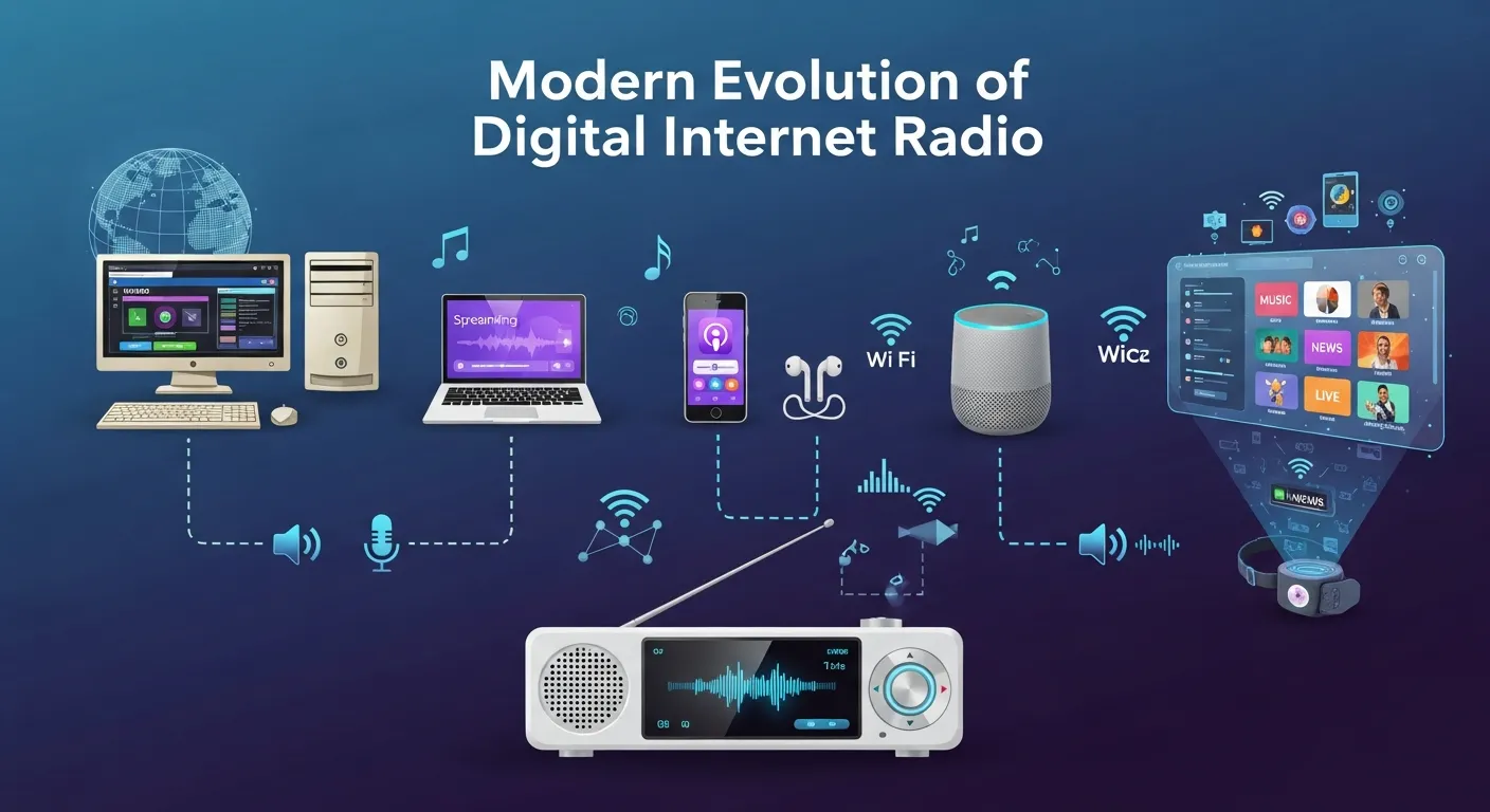 Modern streaming setup showing smartphone, smart speaker, and laptop playing curated web radio stations