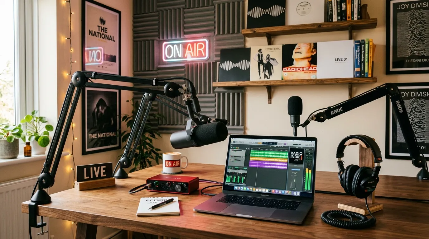 Home studio setup with microphone, headphones, mixing console, and computer used for internet radio broadcasting