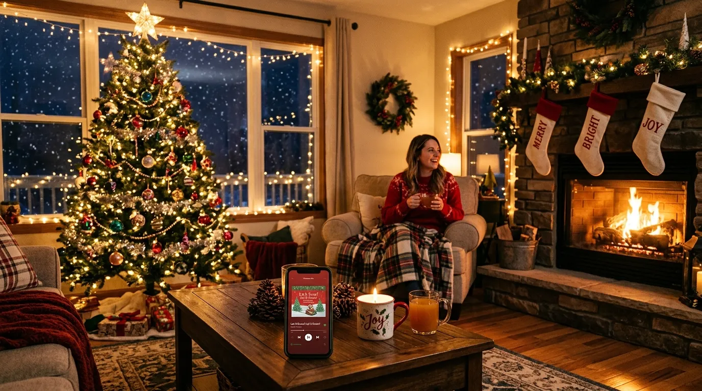 Person listening to free Christmas internet radio on a smartphone beside holiday decorations and warm lights.