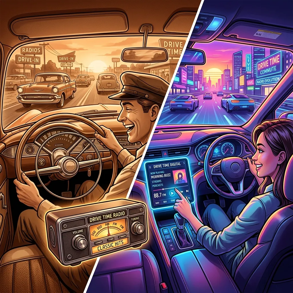 Driver listening to a morning radio broadcast inside a modern car during a busy city commute at sunrise.