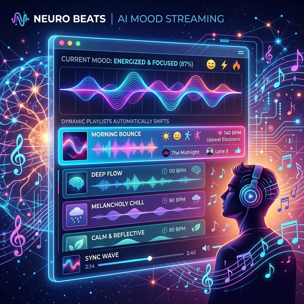 Futuristic mood-based radio streaming setup with smart devices, immersive audio, and personalized playlists