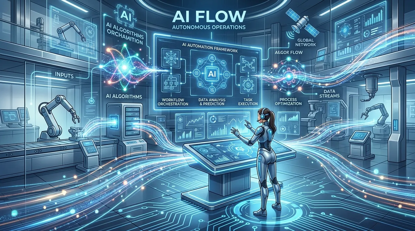 Modern workplace where humans collaborate with AI robots and smart digital systems to manage automated workflows efficiently.