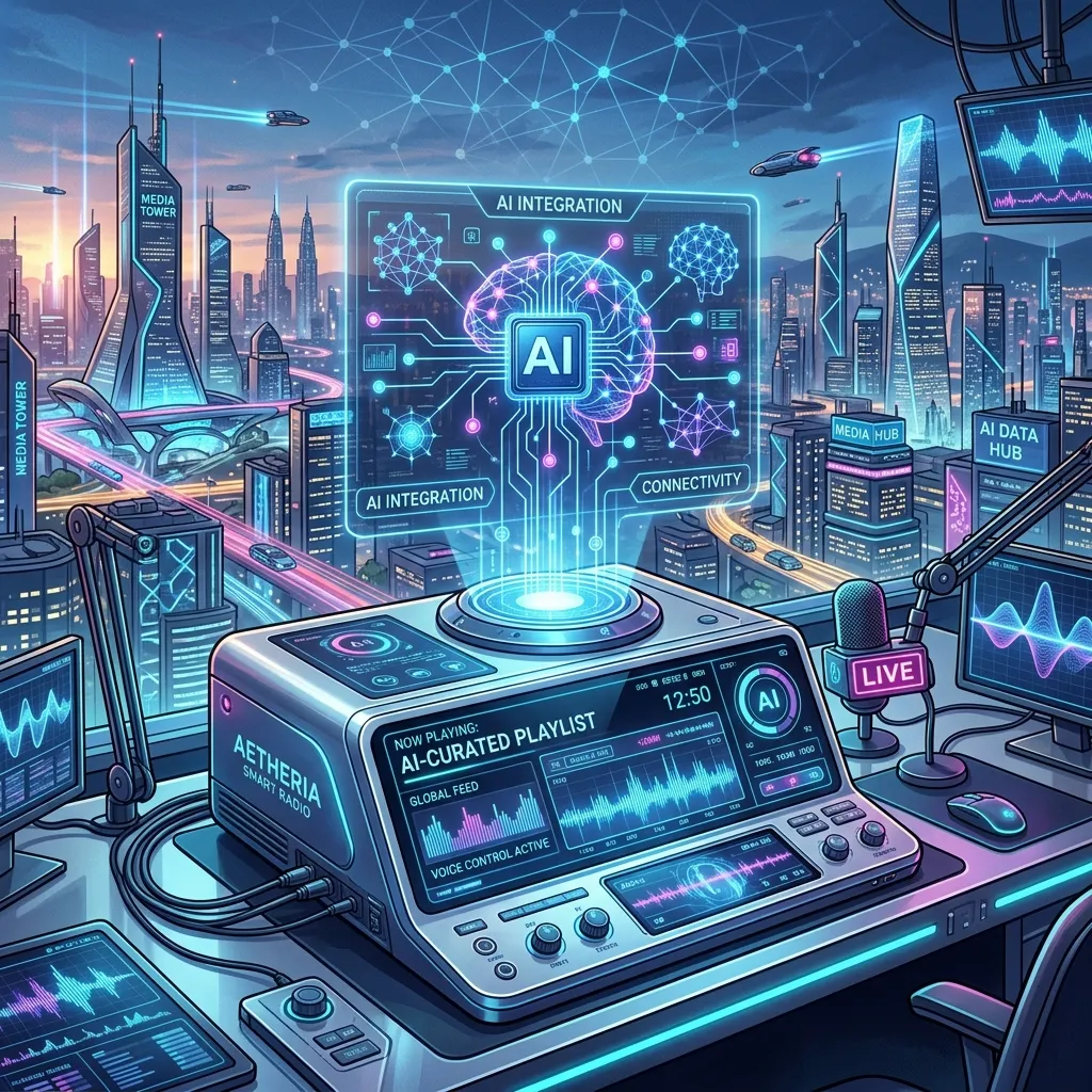 Smart car dashboard displaying AI-powered radio streaming, voice assistant controls, and live traffic information during commuting hours.