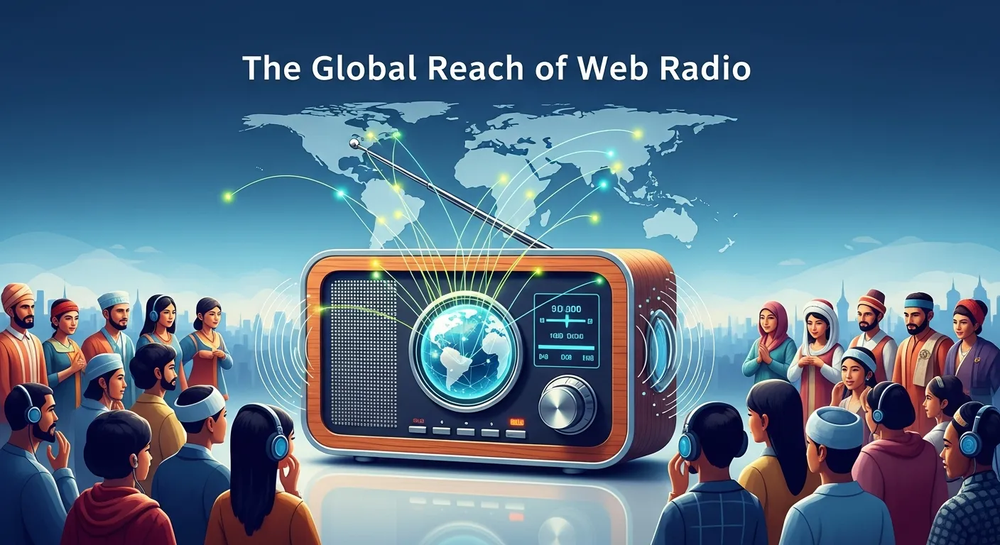 Person listening to web radio on a smartphone with a global map showing worldwide audio streaming connectivity.