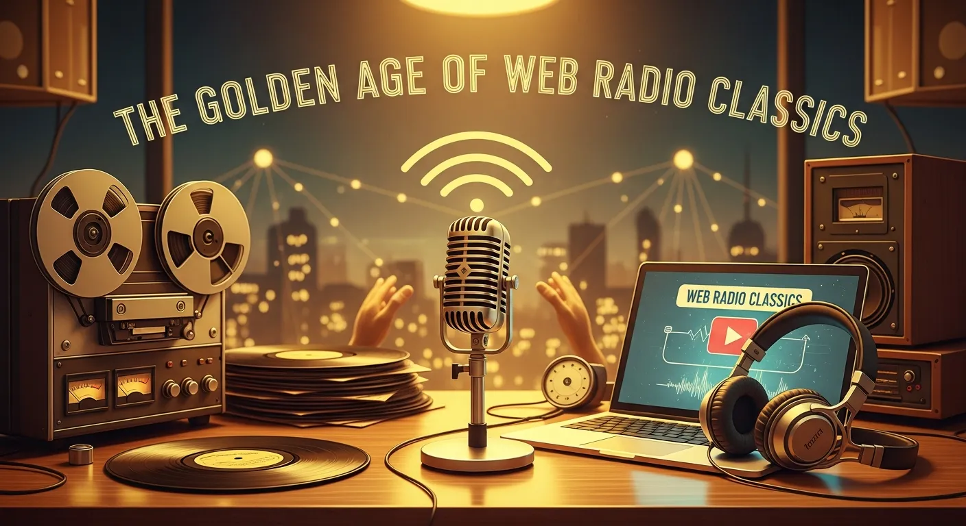 Early internet radio broadcasting setup with DJ streaming music on a computer in the 1990s digital era
