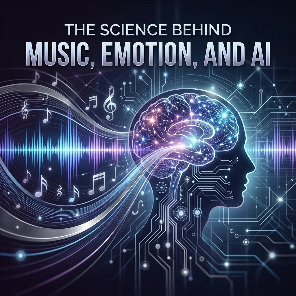 Digital illustration showing brain activity, sound waves, and AI technology connected through music and emotions
