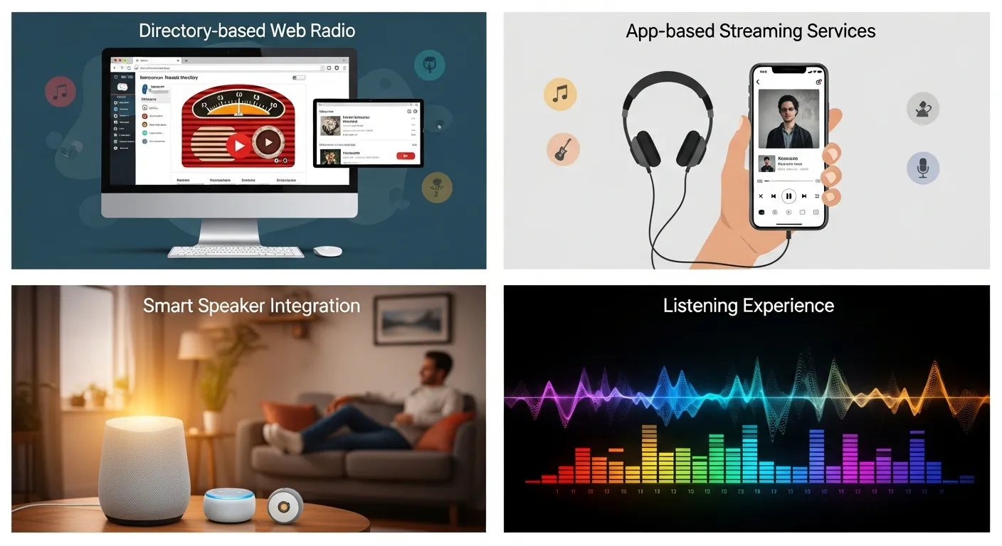 Different web radio interfaces showing music streaming apps, personalized playlists, and live radio broadcasting setups.