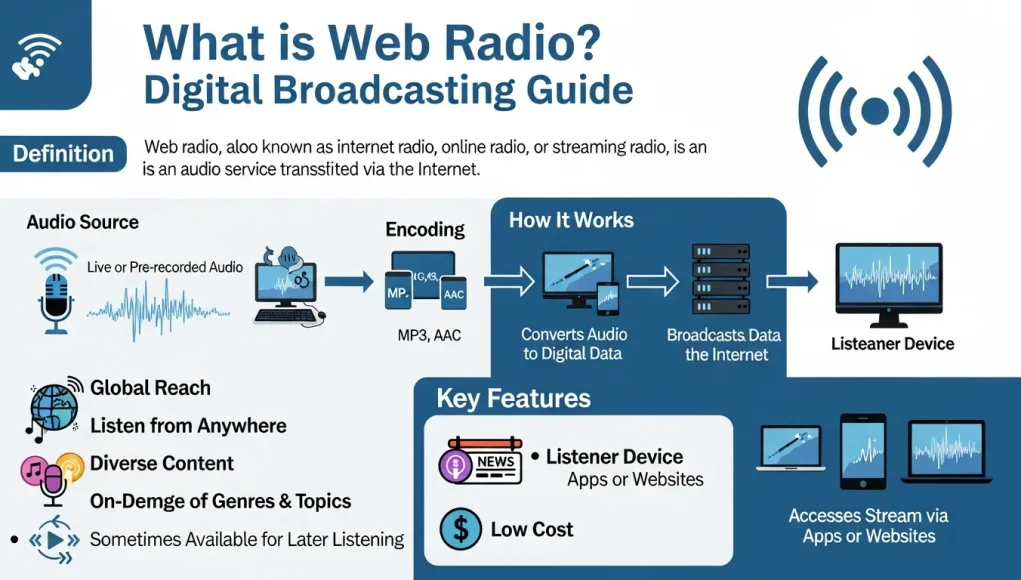 What is Web Radio Digital Broadcasting Guide Modern digital what is web radio concept showing a person streaming music online with headphones connected to global internet-based audio broadcasting platforms.
