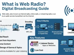 What is Web Radio? Digital Broadcasting Guide Modern digital what is web radio concept showing a person streaming music online with headphones connected to global internet-based audio broadcasting platforms.