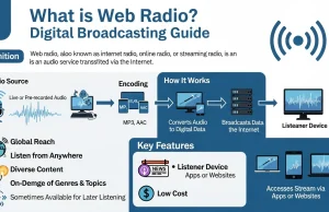 What is Web Radio? Digital Broadcasting Guide Modern digital what is web radio concept showing a person streaming music online with headphones connected to global internet-based audio broadcasting platforms.