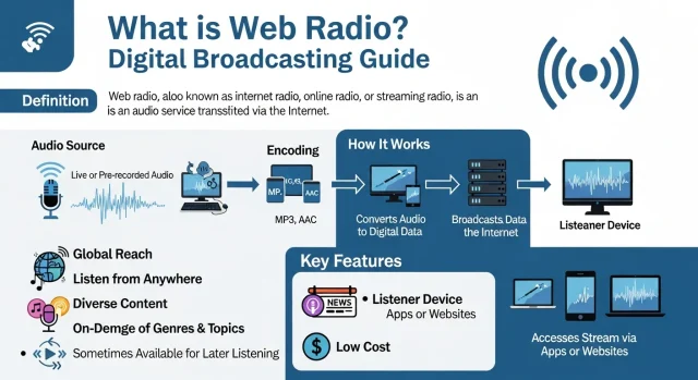 What is Web Radio? Digital Broadcasting Guide Modern digital what is web radio concept showing a person streaming music online with headphones connected to global internet-based audio broadcasting platforms.