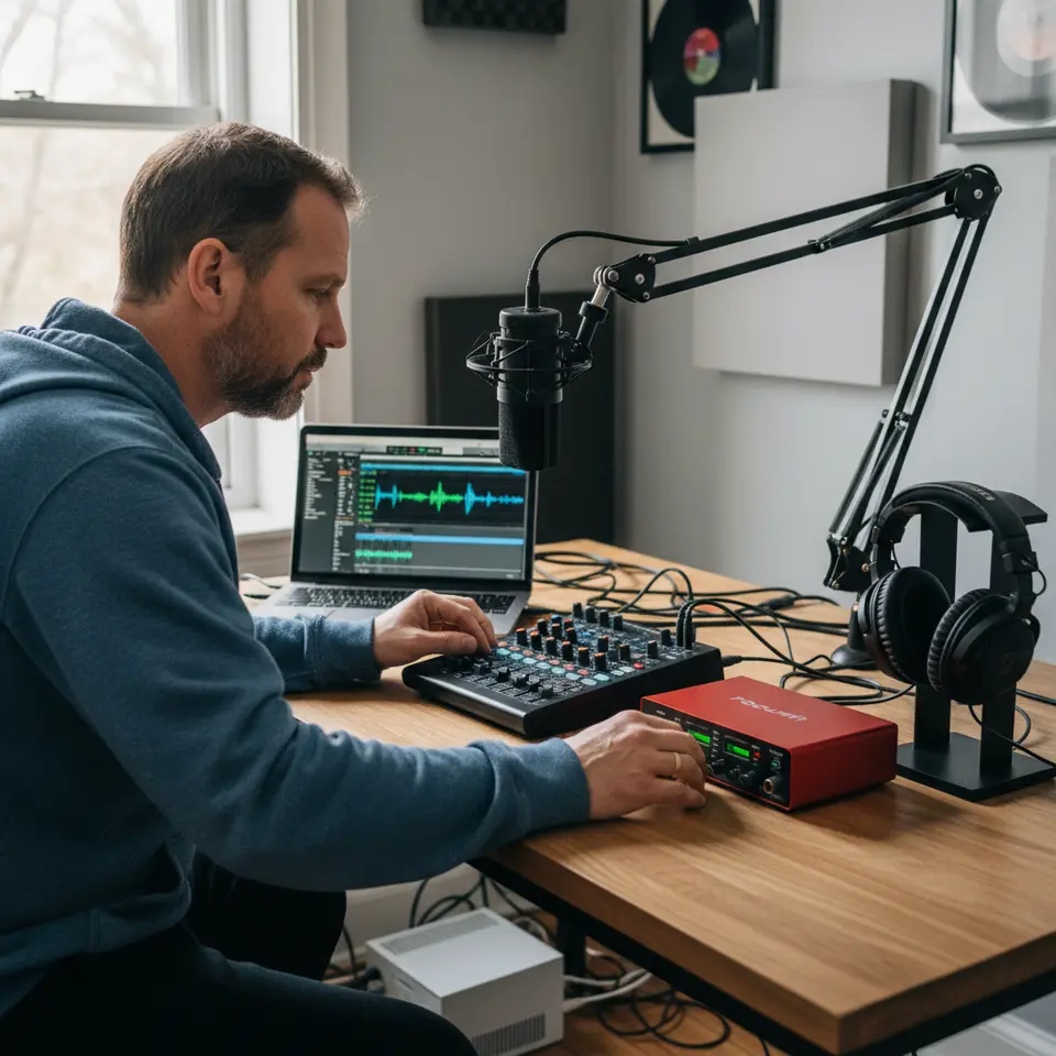 A detailed home radio studio setup on a desk: a USB condenser microphone on a boom arm, a Focusrite-style audio interface with glowing level meters, closed-back studio headphones resting on a stand, a compact mixer with faders and knobs, a laptop showing DAW waveforms, extra cables and an uninterruptible power supply in the background.