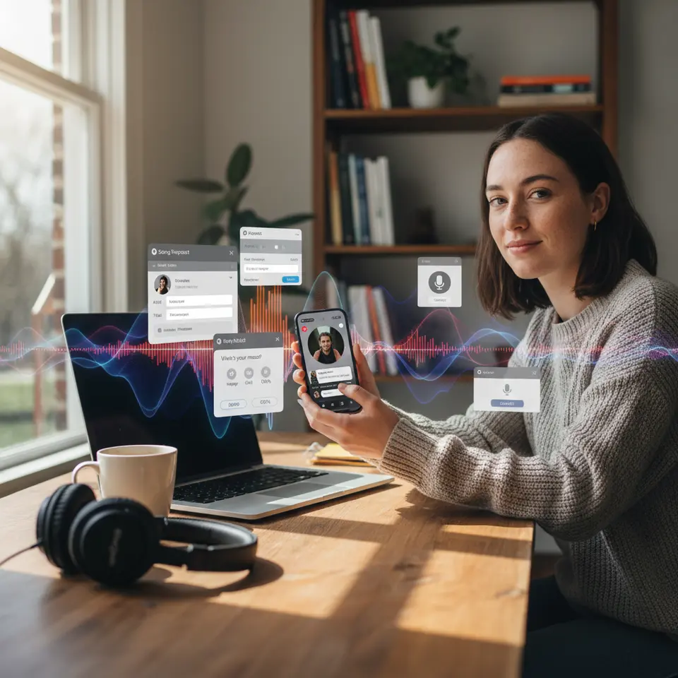 A vibrant digital interface collage illustrating interactive radio features: a live chat widget overlay on a smartphone screen, a web-based song request form, a real-time polling pop-up window with percentages, and a call-in VoIP widget, all layered over a subtle broadcast waveform graphic.