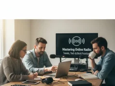 Mastering Online Radio: Trends, Tech & Best Practices Timeline-style illustration showing transition from traditional FM/AM radio to modern online radio streaming platforms using smartphones, smart speakers, and cloud-based broadcasting systems.