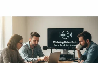 Mastering Online Radio: Trends, Tech & Best Practices Timeline-style illustration showing transition from traditional FM/AM radio to modern online radio streaming platforms using smartphones, smart speakers, and cloud-based broadcasting systems.