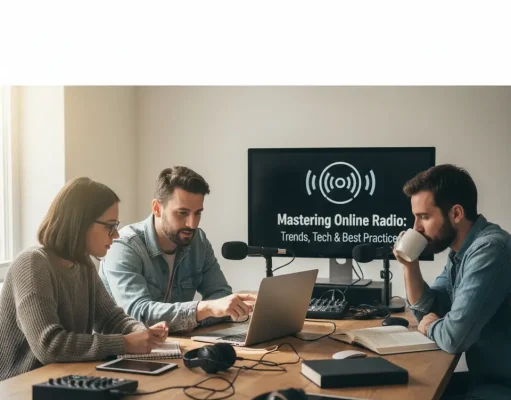 Mastering Online Radio: Trends, Tech & Best Practices Timeline-style illustration showing transition from traditional FM/AM radio to modern online radio streaming platforms using smartphones, smart speakers, and cloud-based broadcasting systems.