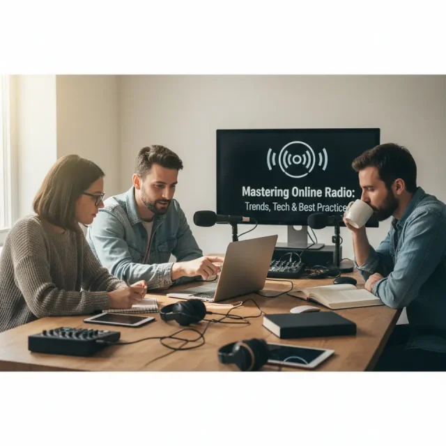 Mastering Online Radio: Trends, Tech & Best Practices Timeline-style illustration showing transition from traditional FM/AM radio to modern online radio streaming platforms using smartphones, smart speakers, and cloud-based broadcasting systems.