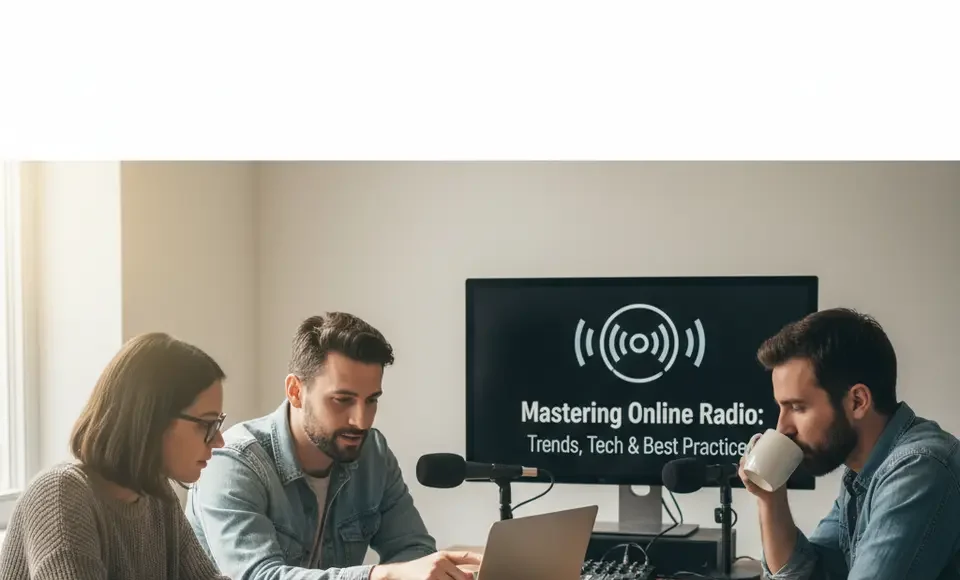 Timeline-style illustration showing transition from traditional FM/AM radio to modern online radio streaming platforms using smartphones, smart speakers, and cloud-based broadcasting systems.