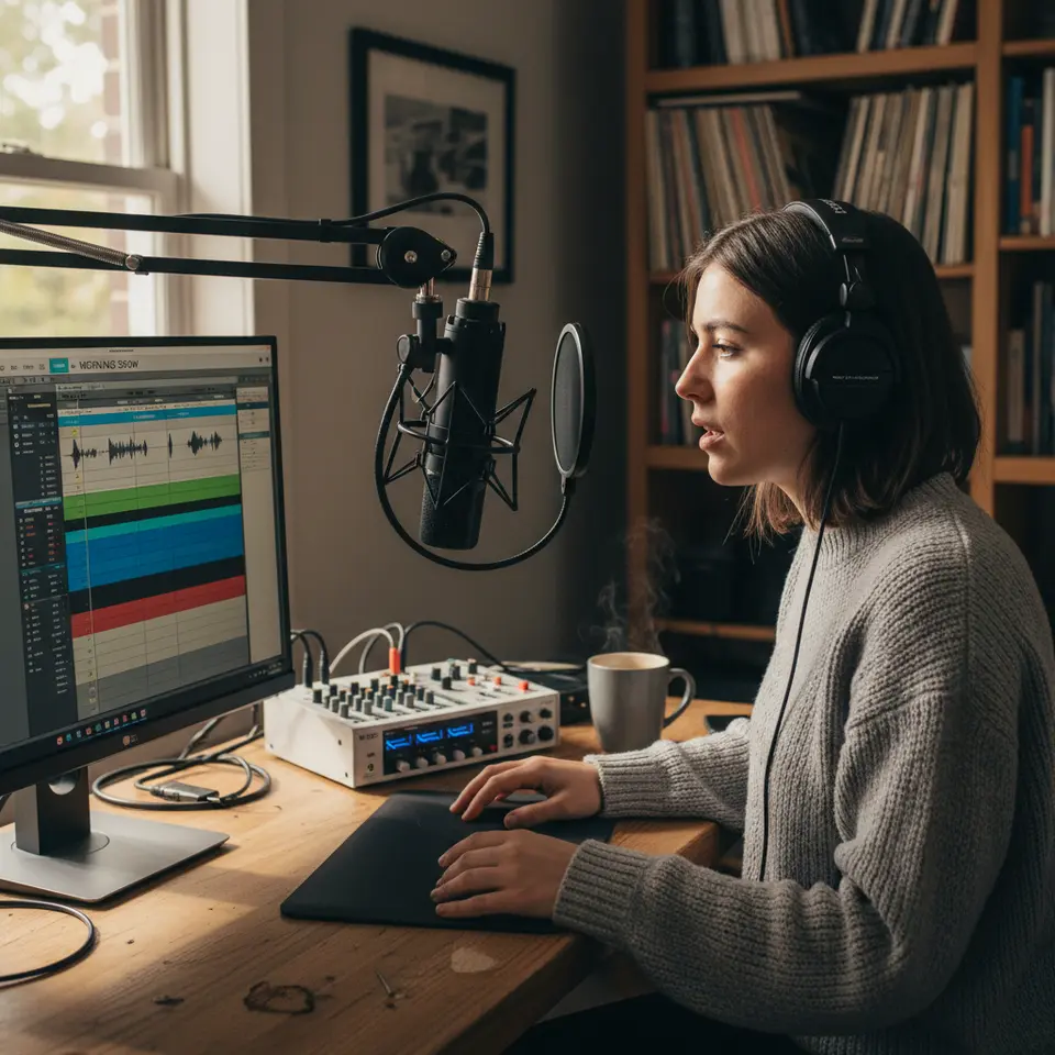 A modern home radio studio setup featuring high-quality audio equipment: a USB condenser microphone mounted on a shock mount with pop filter, closed-back studio headphones, an XLR audio interface, a compact mixer, and a computer screen displaying a digital audio workstation interface.