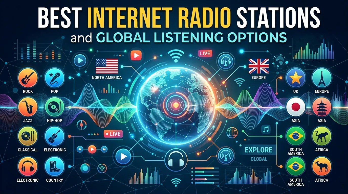 User browsing web radio app interface with global station list including music, sports, and talk radio channels.