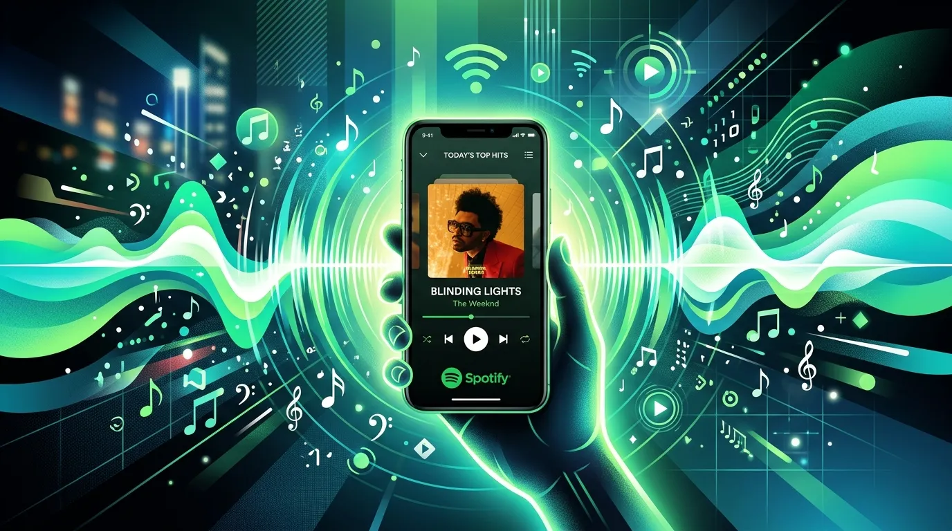 Smartphone screen showing Spotify radio playing continuous music based on a selected song seed with algorithm-driven recommendations.
