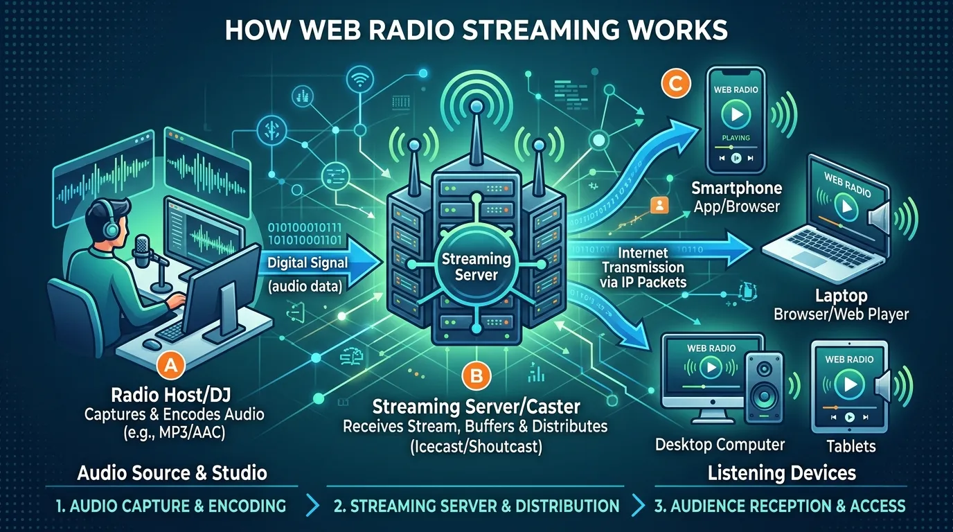 Digital illustration of internet radio streaming process showing audio being sent from servers to smartphones, laptops, and smart speakers worldwide.