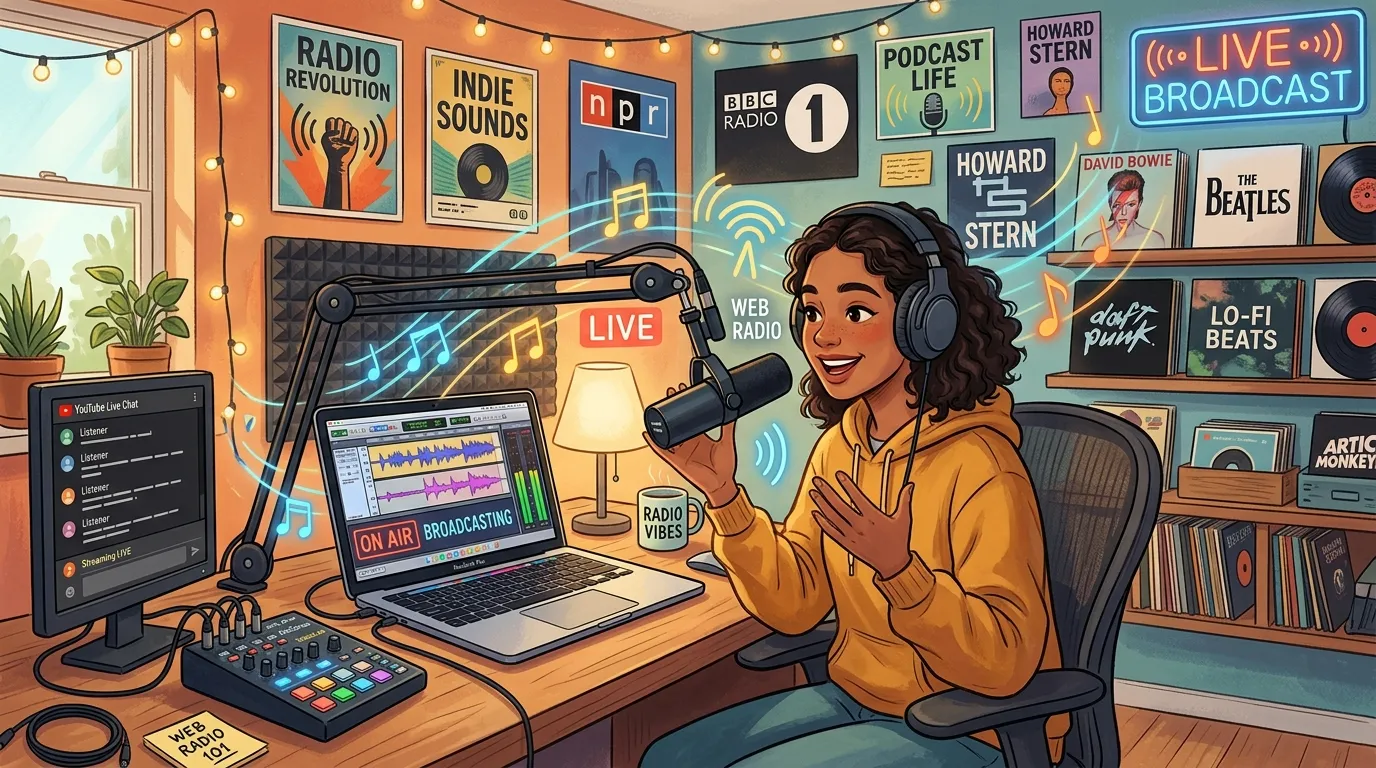 Person setting up a home web radio studio with microphone, headphones, streaming software, and computer dashboard for broadcasting.