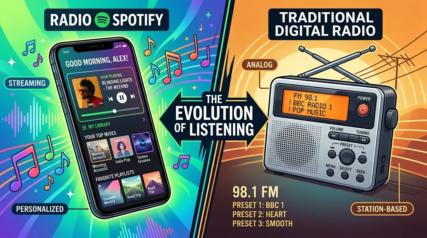 Split comparison showing Spotify radio personalized playlist on one side and traditional live radio broadcast with DJ on the other.