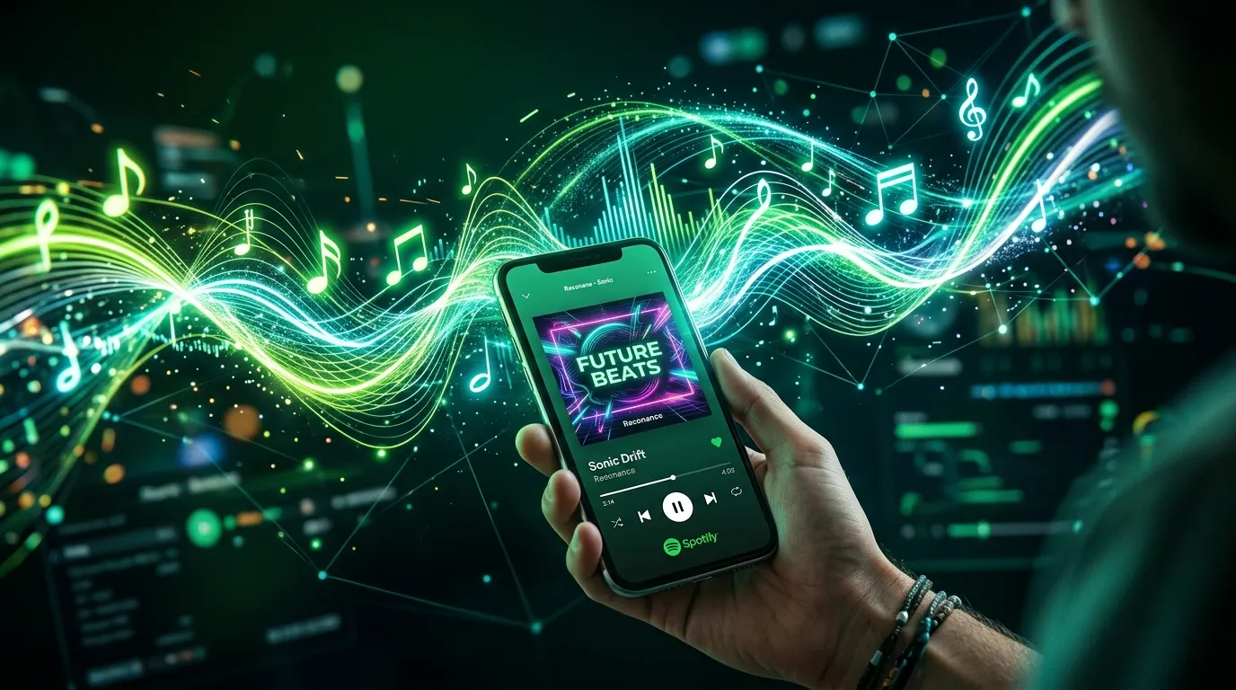 Abstract illustration of digital audio streaming with data flow lines connecting music servers to a smartphone and headphones