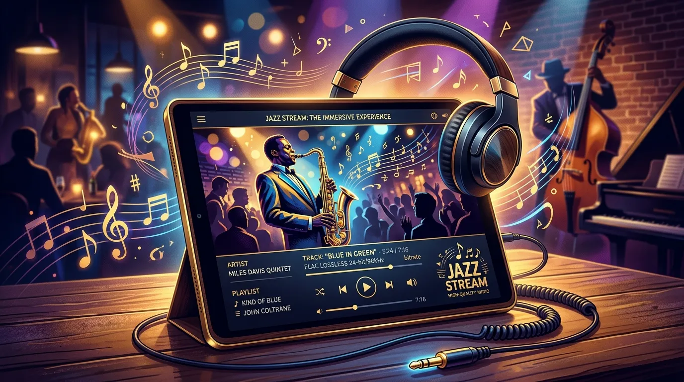 Smartphone and smart speaker streaming live jazz radio with musical notes, audio waveforms, and modern wireless technology.