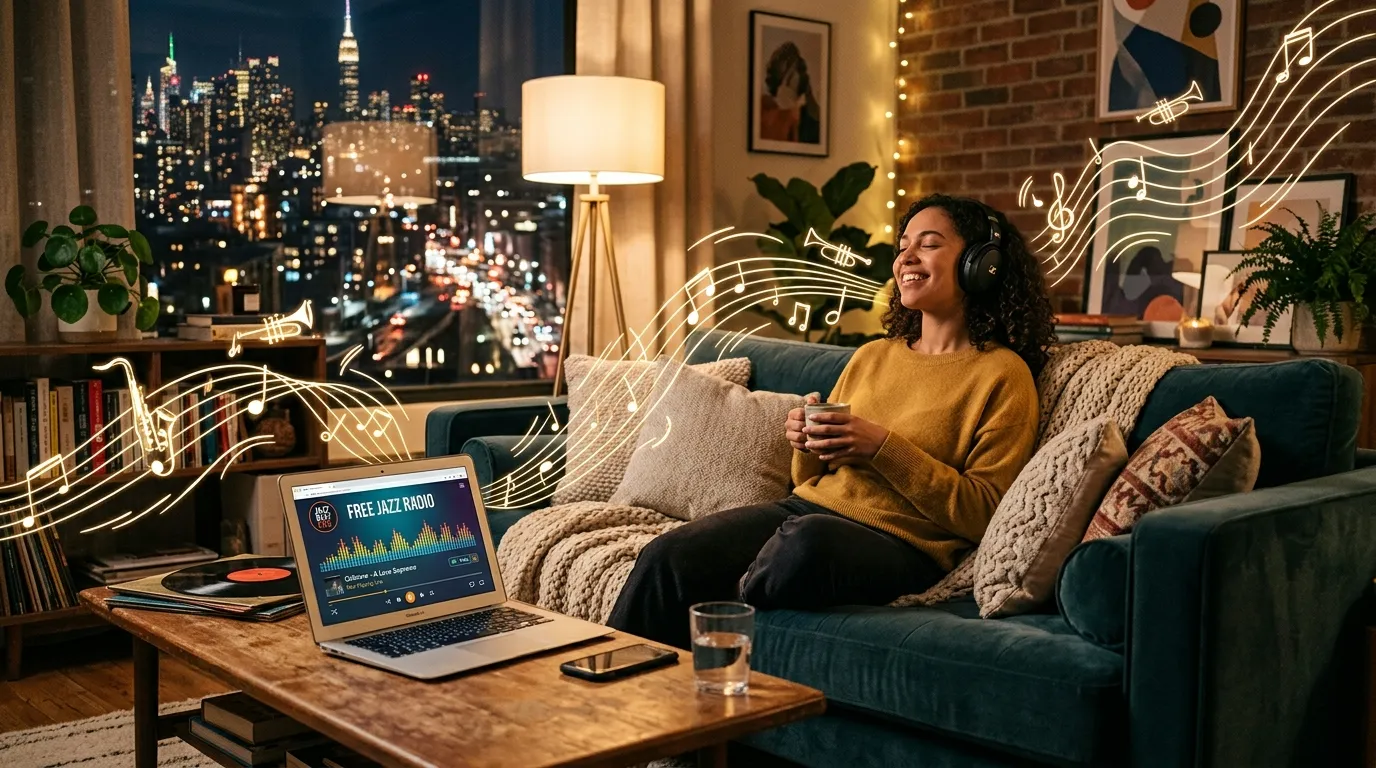 Person listening to free jazz internet radio on a laptop with headphones in a cozy home setting.