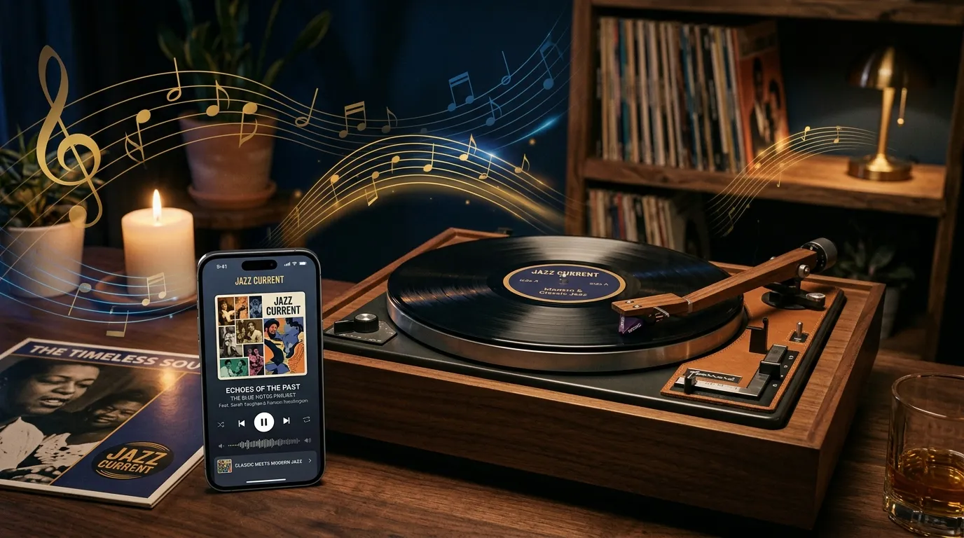 Digital music interface displaying jazz radio stations with saxophone, vinyl records, and streaming playlists.